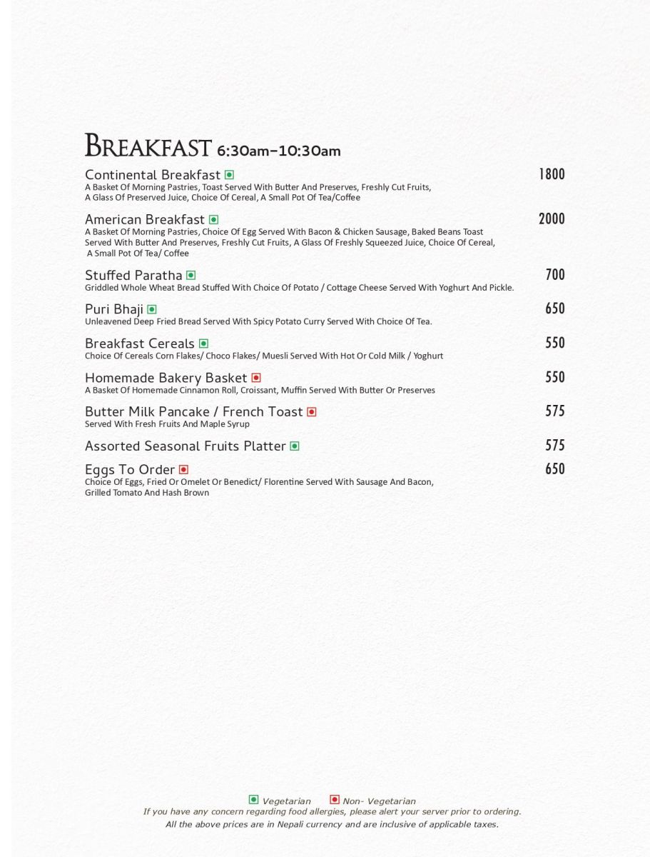 Room Service Menu