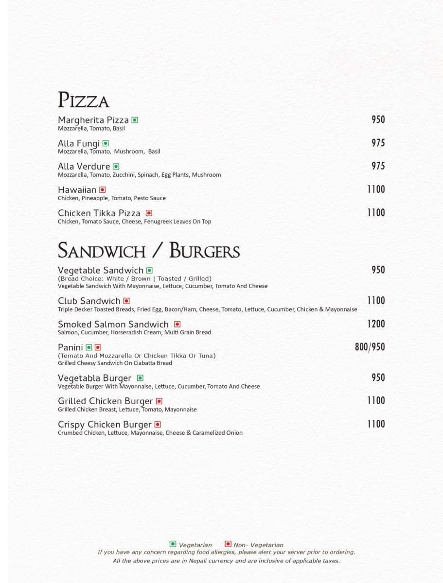 Room Service Menu