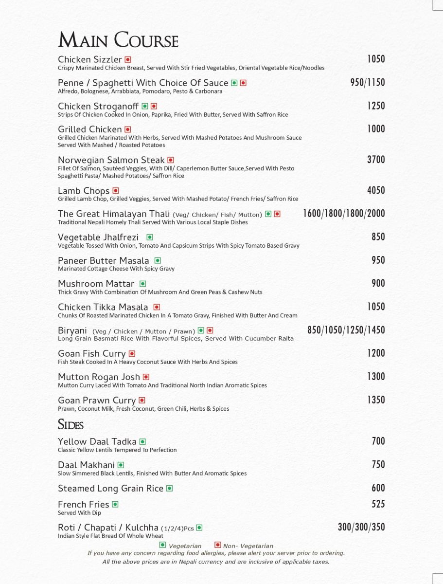 Room Service Menu