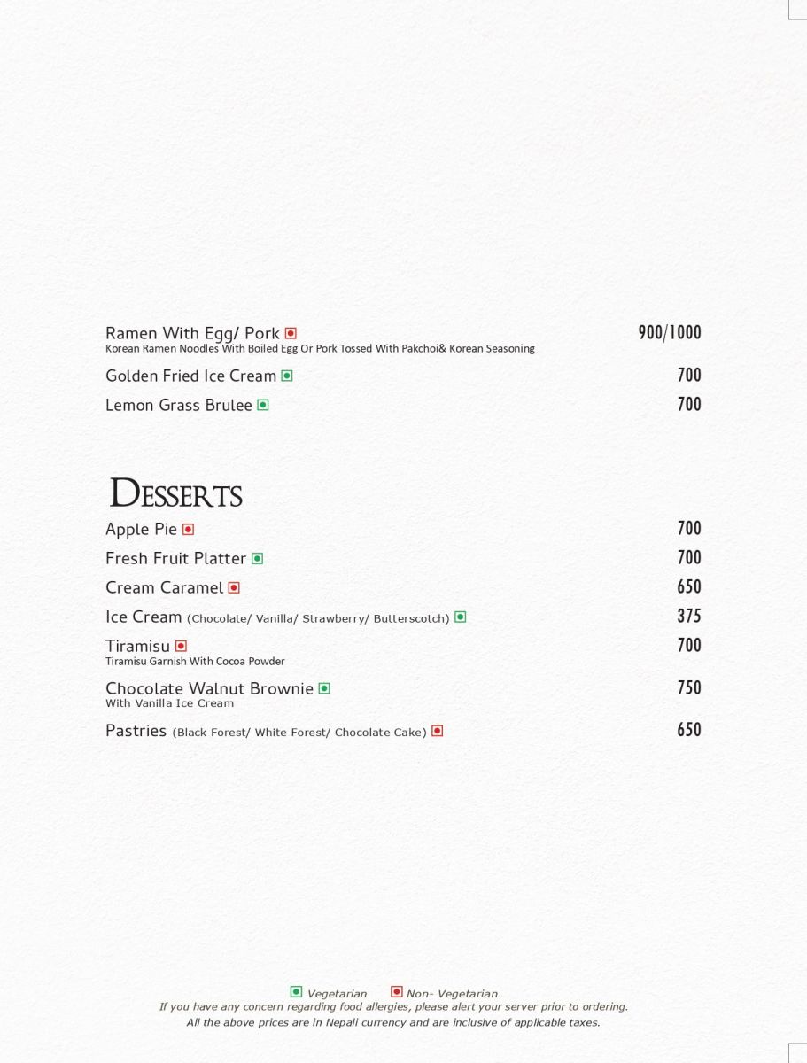 Room Service Menu