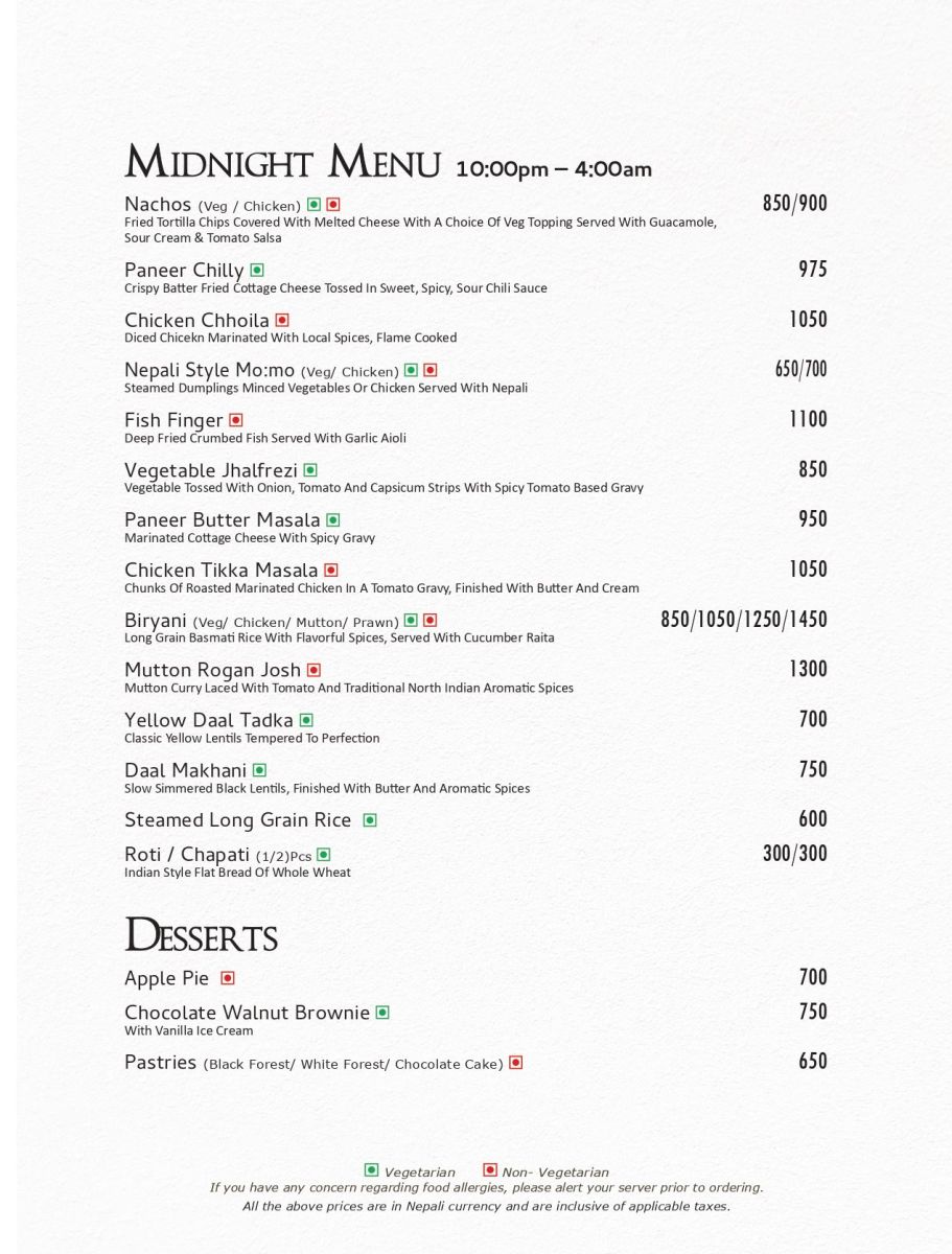 Room Service Menu