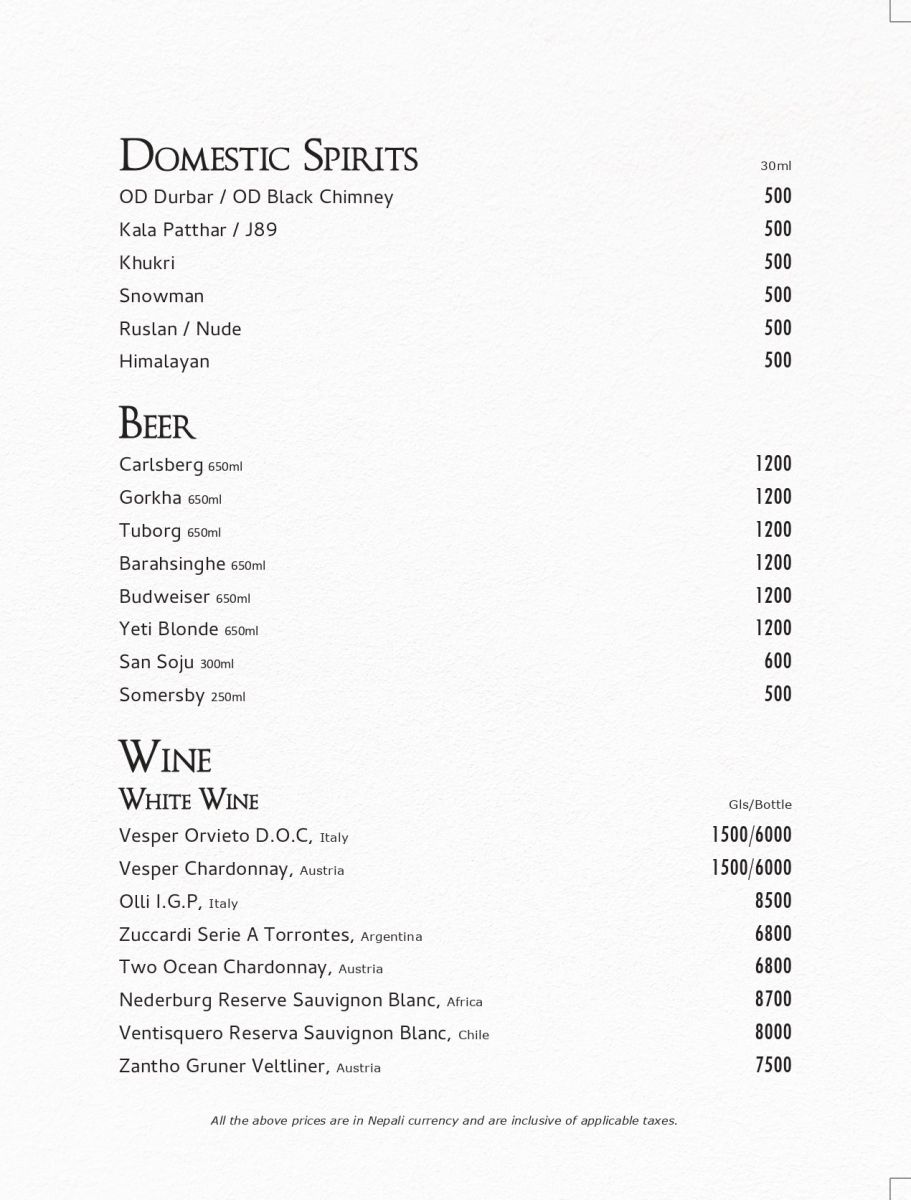 Room Service Menu