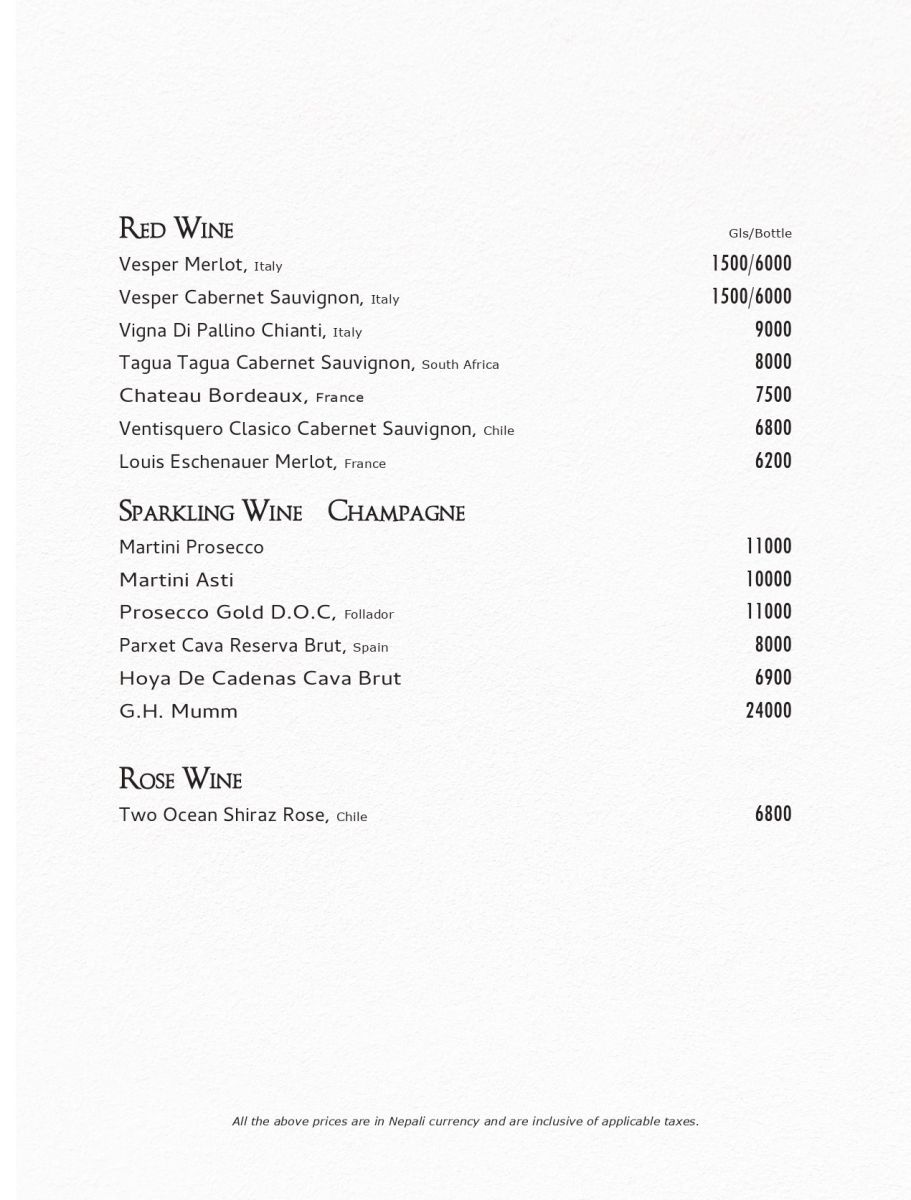 Room Service Menu